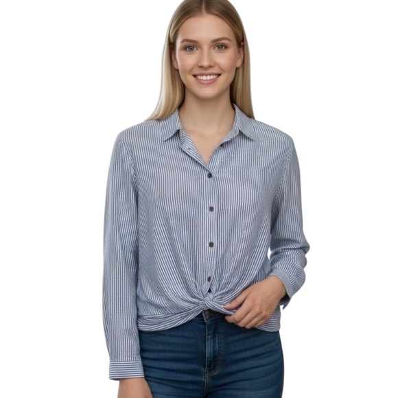 Heartloom Striped Twist Hem Button Down Shirt - Picture 1 of 5